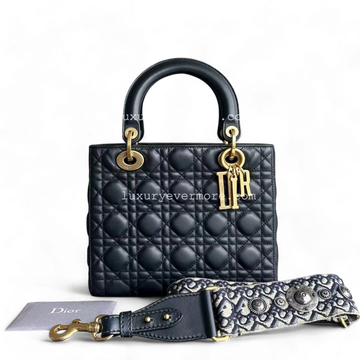 *Calfskin, Flap,  Strap* Dior Lady Medium - Calfskin Cannage Calfskin Dark Blue Golden Hardware