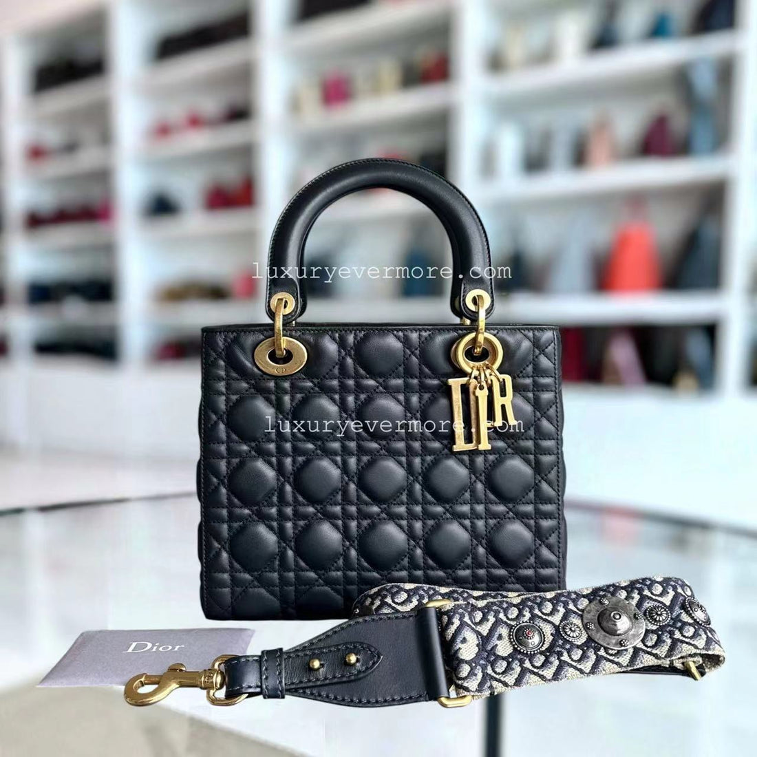 *Calfskin, Flap,  Strap* Dior Lady Medium - Calfskin Cannage Calfskin Dark Blue Golden Hardware