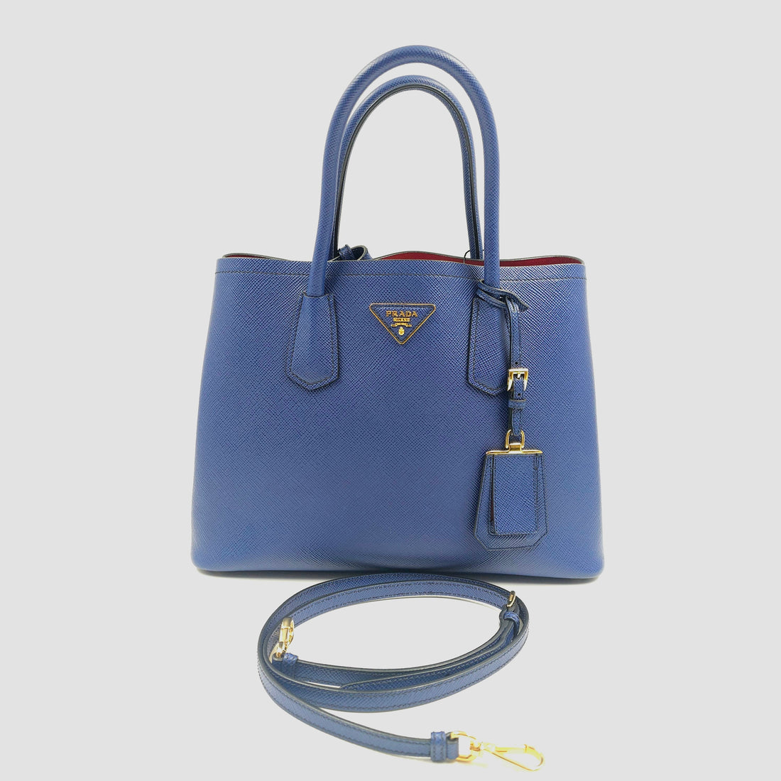 Prada Blue Saffiano Cuir Leather Medium Double Handle Tote TWS