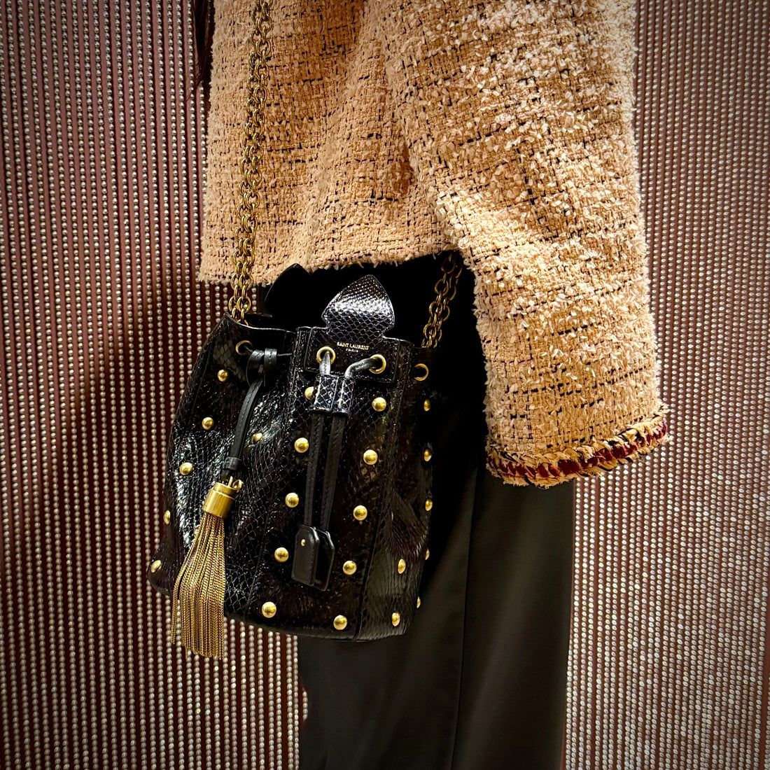 Saint Laurent Snakeskin Studded Anja Bucket Bag