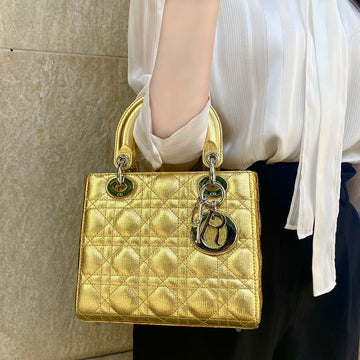 Dior Metallic Grained Calfskin Cannage Small Lucky Badges My Lady Dior Gold