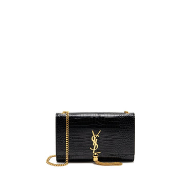 Saint Laurent/YSL Medium Kate Tassel Bag Croc-Embossed CalBNkin Black GHW