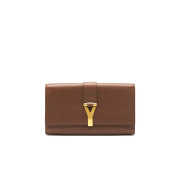 YSL Y Logo CalBNkin Leather Clutch Brown