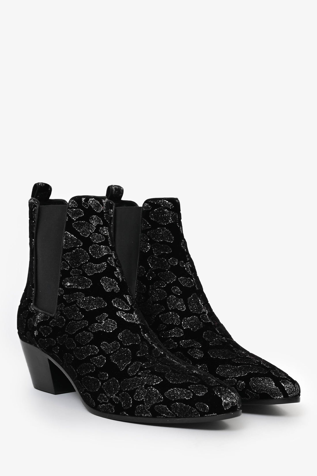 Saint Laurent Black/Silver Velvet Metallic Leopard Print Boots Size 40