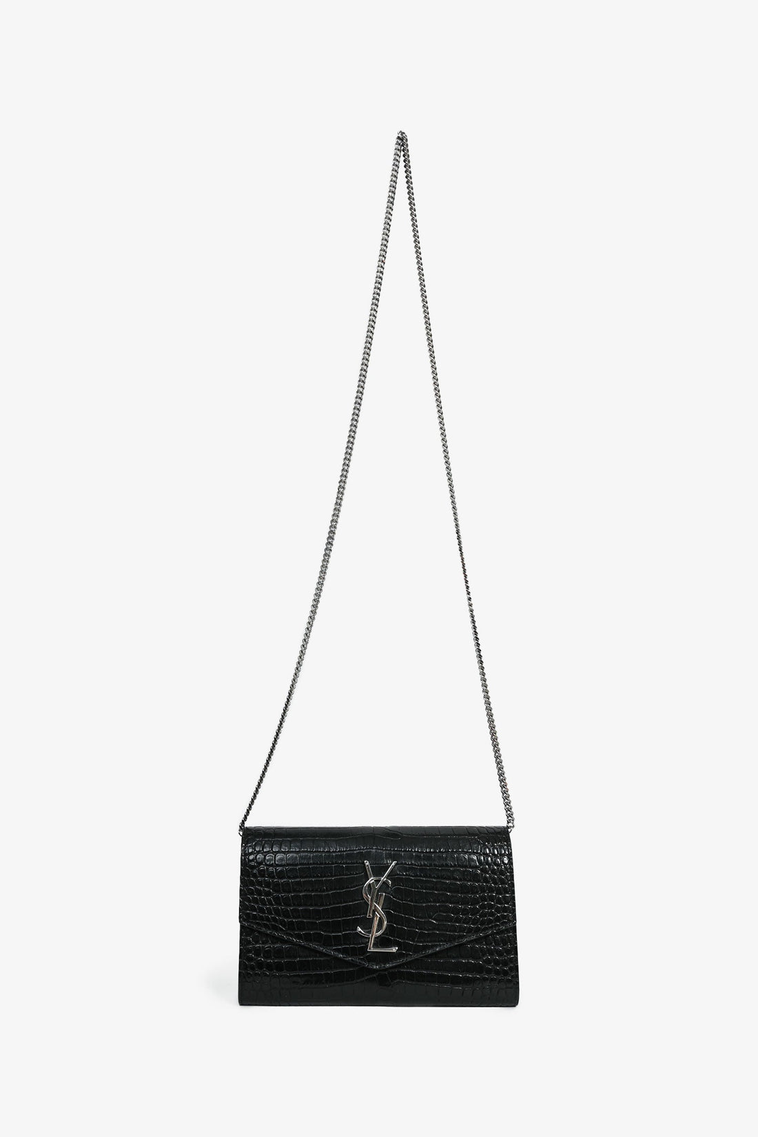 Saint Laurent 2020 Black Croc Embossed Envelope Wallet On Chain  Card Holder